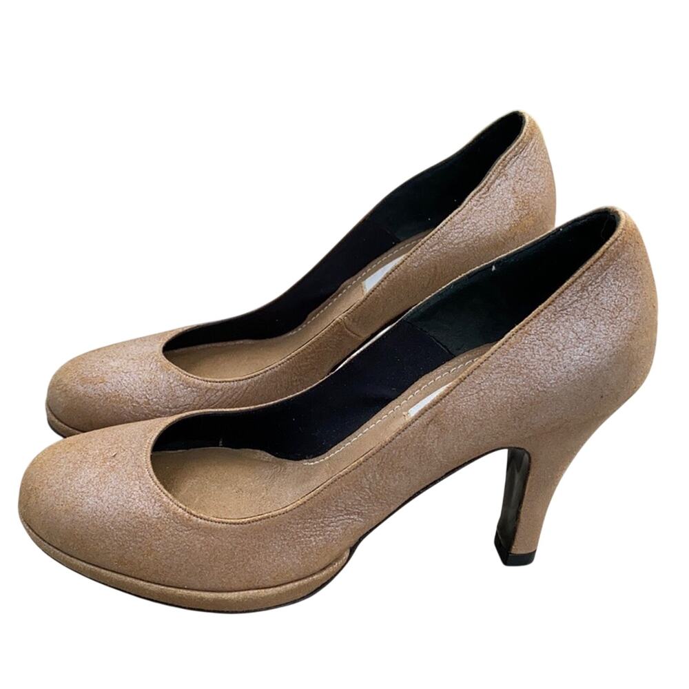 Vintage LANVIN Ete 2006 Tan Metallic Distressed Leather Round Toe Pumps 36 US 6